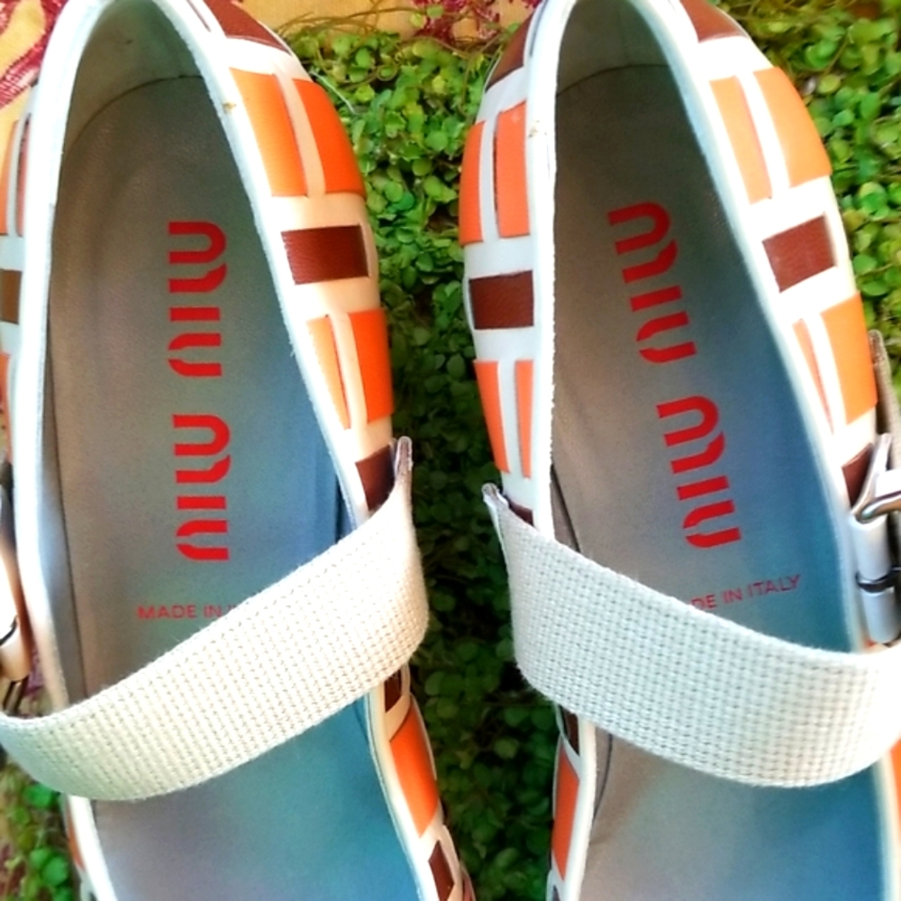 MIU MIU Y2k Orange Brown Basketweave Italy Leather Mary Janes Shoes 39 8.5 Euc - Picture 6 of 16